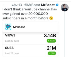تغريدة MrBeast على حسابه الرسمي(إكس) في شهر يونيو الماضي