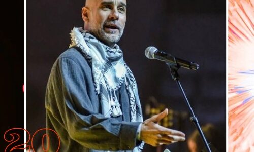 صورة قريبة لبيب غوارديولا يرتدي كوفية فلسطينية بيضاء وسوداء ويتحدث أمام ميكروفون في حفل تضامني ببرشلونة.