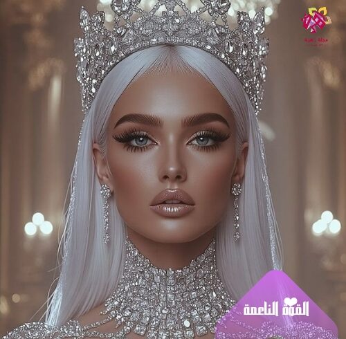 عروس بشعر أبيض بلاتيني ترتدي تاجاً ضخماً وعقداً مرصعاً بالألماس مع مكياج سموكي ناعم.